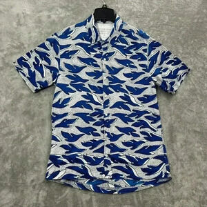Alexander Yamaguchi Shirt Mens XL Blue White Button Up Leaves Abstract Print USA